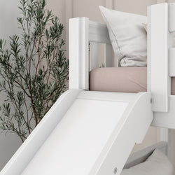 White loft bed with slide for kids in a cozy bedroom with decorative plant.