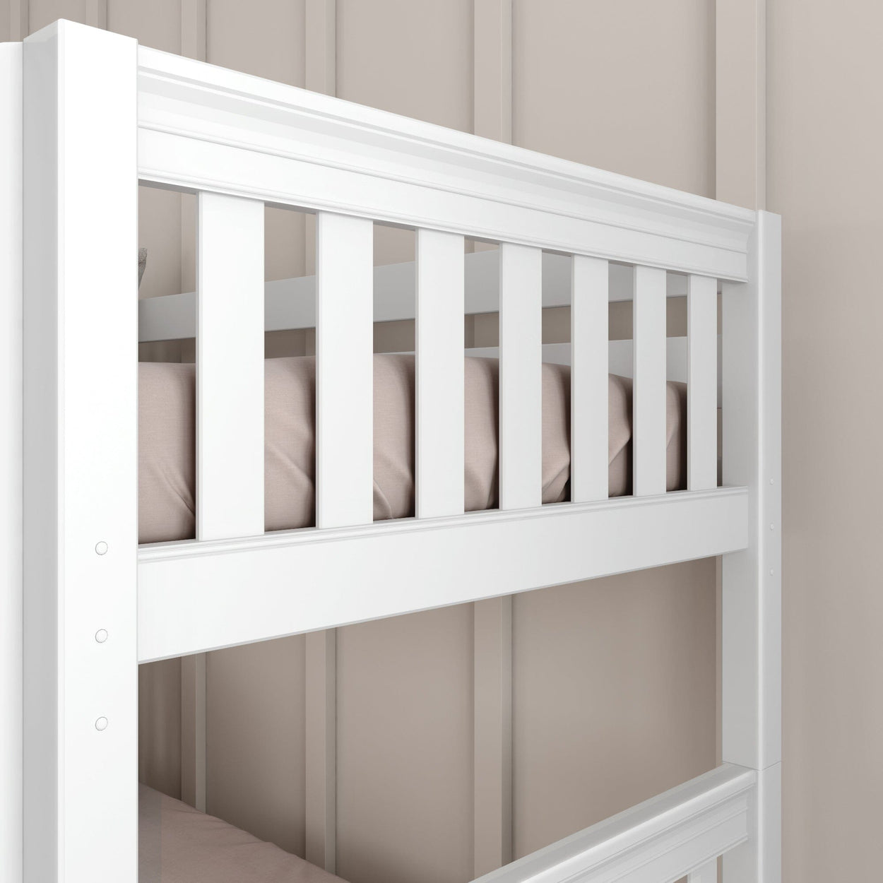 White wooden bunk bed with beige bedding against a paneled wall.