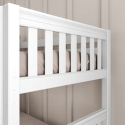White wooden bunk bed with beige bedding against a paneled wall.