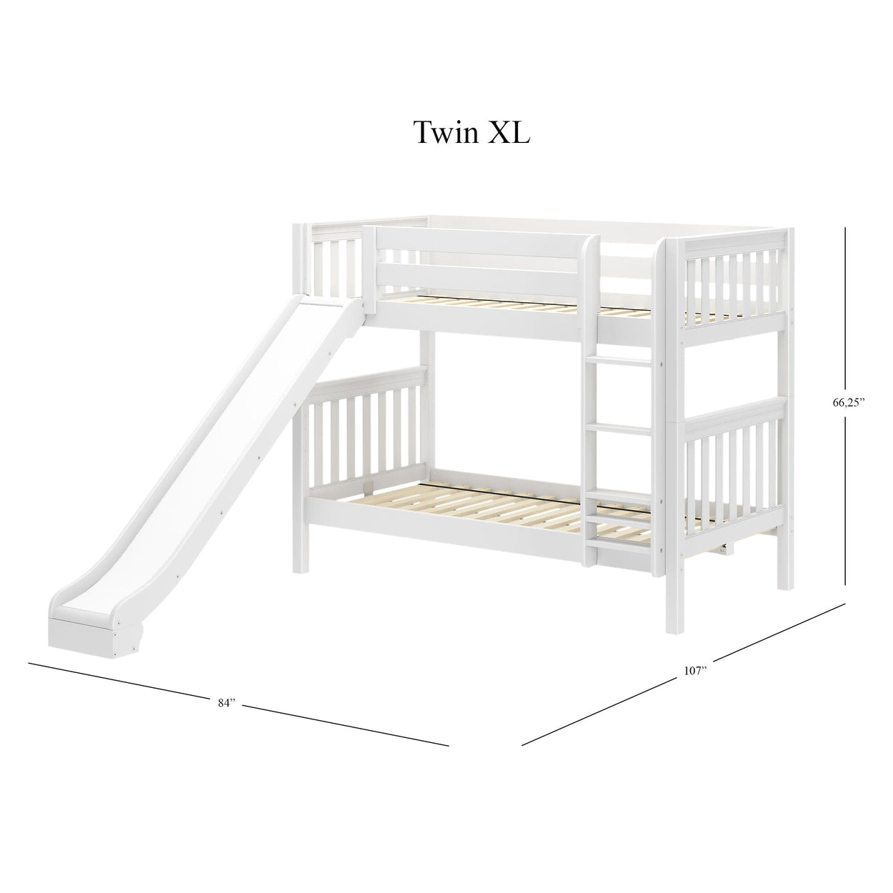 White twin XL bunk bed with slide and ladder; dimensions 84" W x 107" L x 66.25" H; space-saving kids’ bedroom furniture.