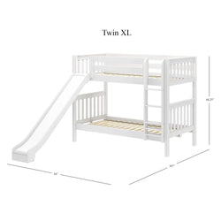 White twin XL bunk bed with slide and ladder; dimensions 84" W x 107" L x 66.25" H; space-saving kids’ bedroom furniture.