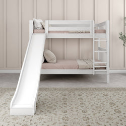White bunk bed with slide and pink bedding in a modern kids' bedroom.