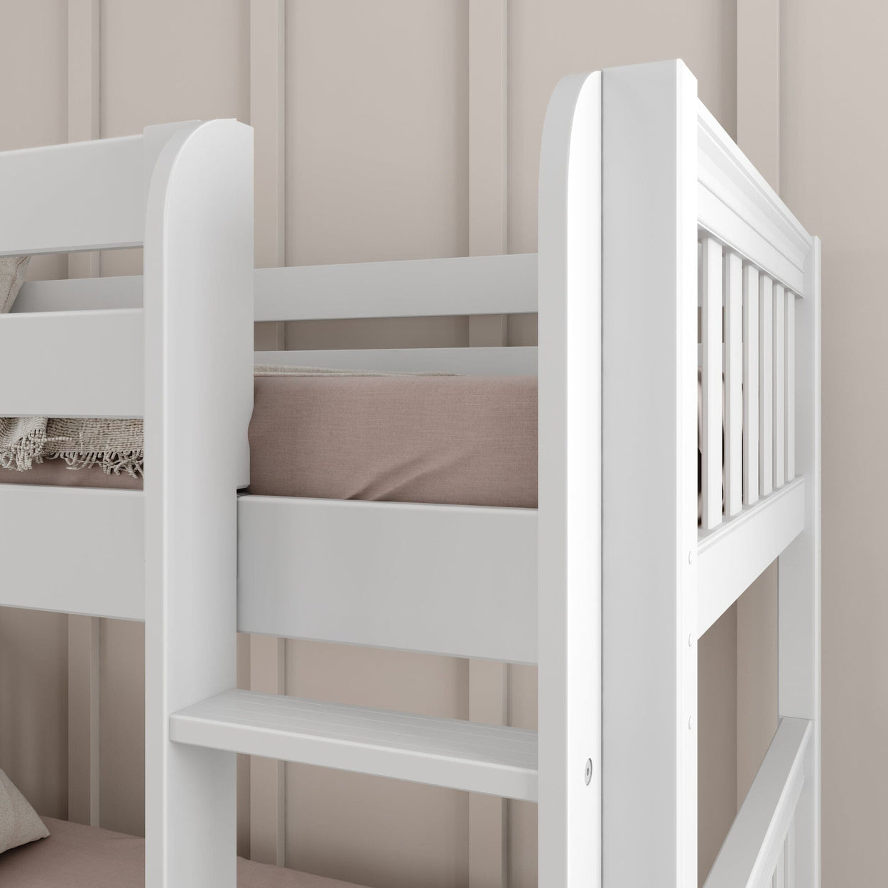 White wooden bunk bed close-up with beige walls, ideal for modern children's bedroom design.