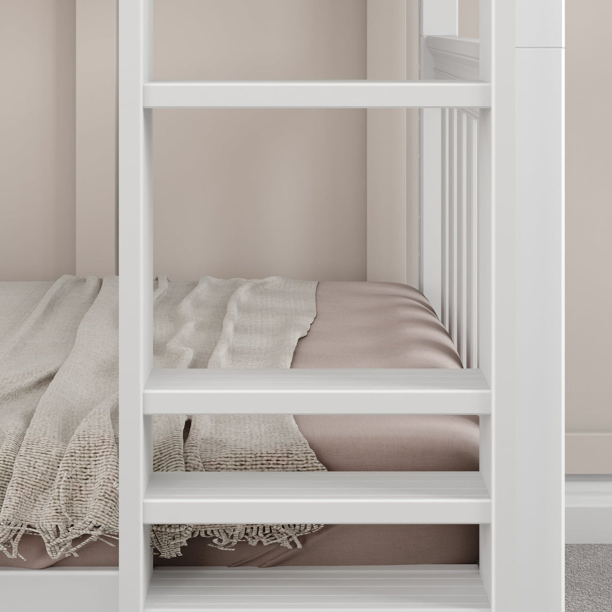 White bunk bed with beige bedding and textured blanket in modern minimalist bedroom.