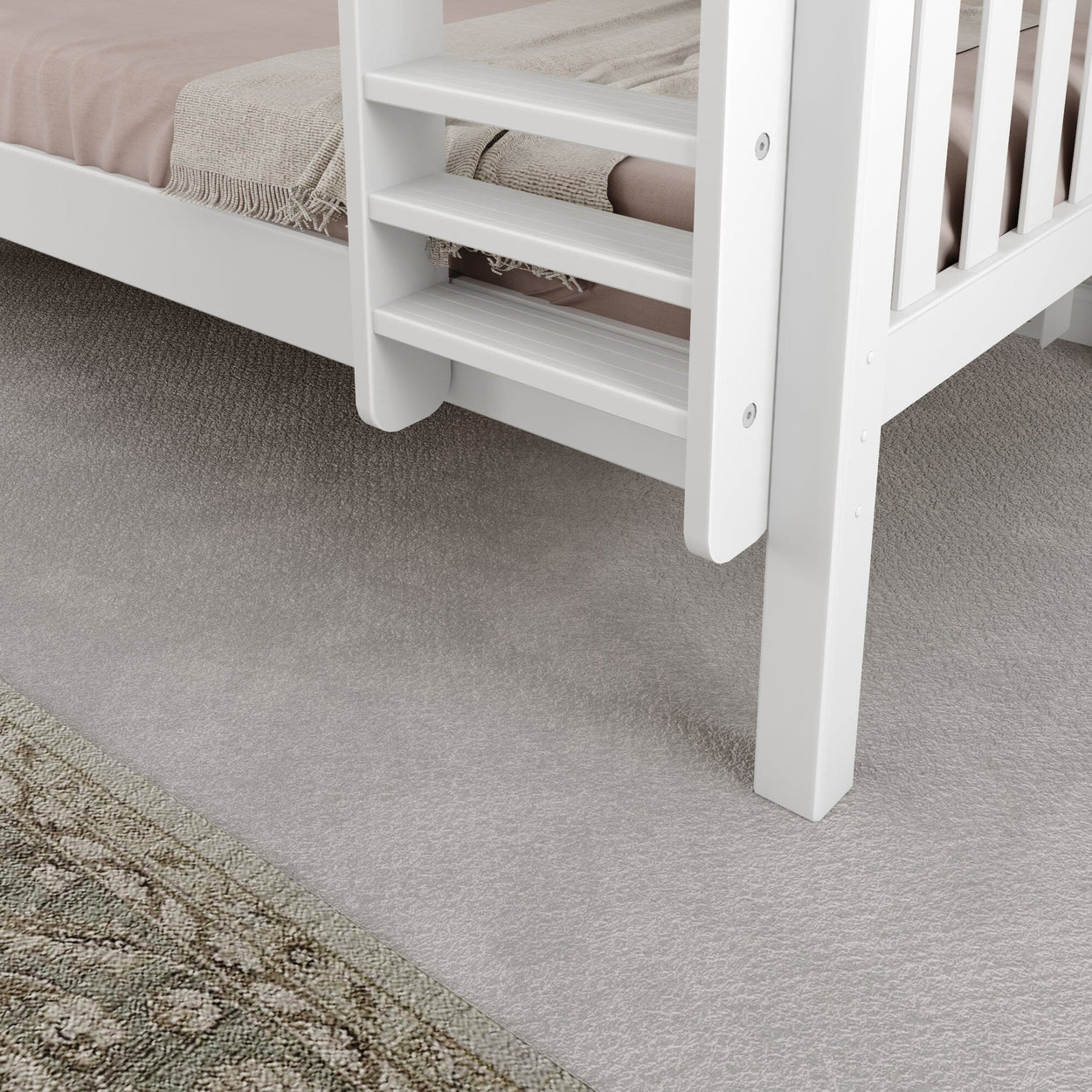 White wooden loft bed with ladder on carpeted floor featuring a patterned rug.