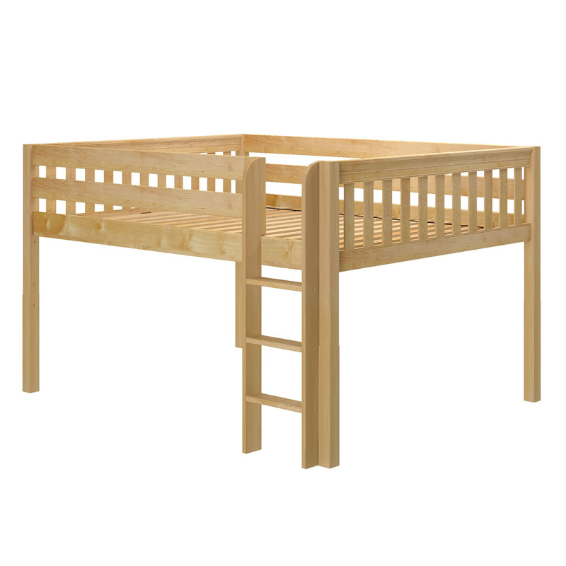 Natural wood loft bed frame with ladder and slatted platform, light pine finish and safety guard rails for space-saving bedroom