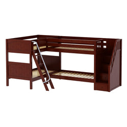 Wooden L-shaped bunk bed with built-in staircase and ladder for kids' bedroom furniture.
