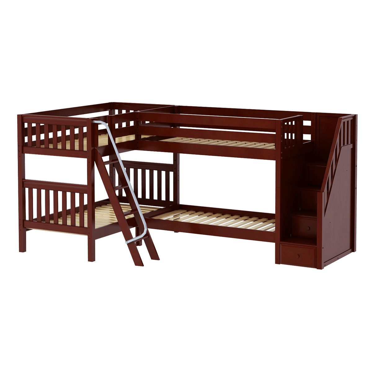 L-shaped wooden bunk bed with ladder and stairs for kids' bedroom.