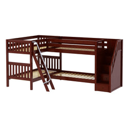 L-shaped wooden bunk bed with ladder and stairs for kids' bedroom.