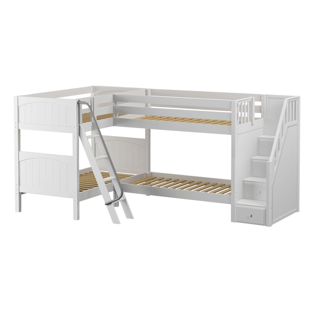 White L-shaped triple bunk bed with stairs and ladder for children's bedroom.