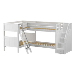 White L-shaped triple bunk bed with stairs and ladder for children's bedroom.