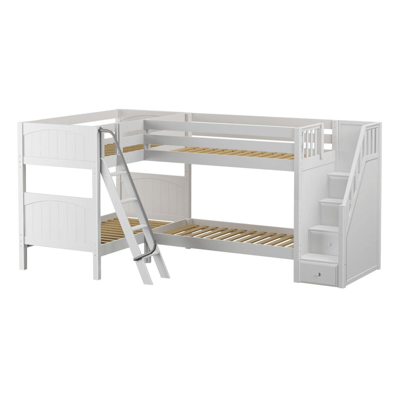 White L-shaped wooden bunk bed with integrated staircase and storage drawers, metal ladder and slatted twin platforms — space-saving kids' bedroom furniture