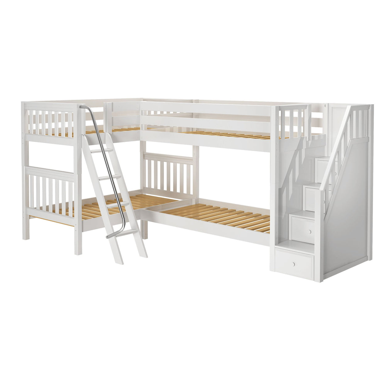 White wooden L-shaped bunk bed with ladder and built-in storage stairs.