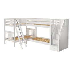 White wooden L-shaped bunk bed with ladder and built-in storage stairs.