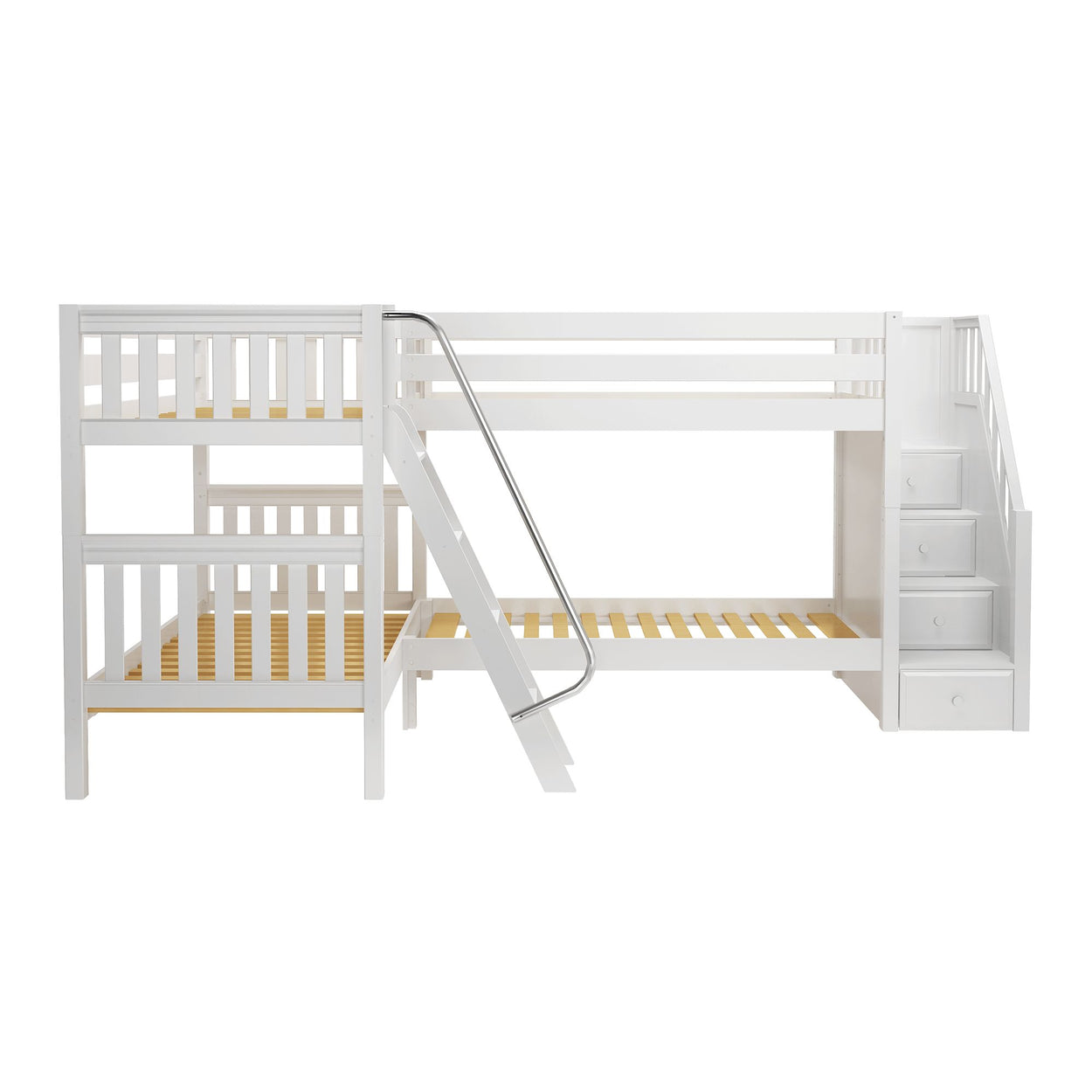 White wooden L-shaped bunk bed with built-in staircase and slide, ideal for kids' rooms.