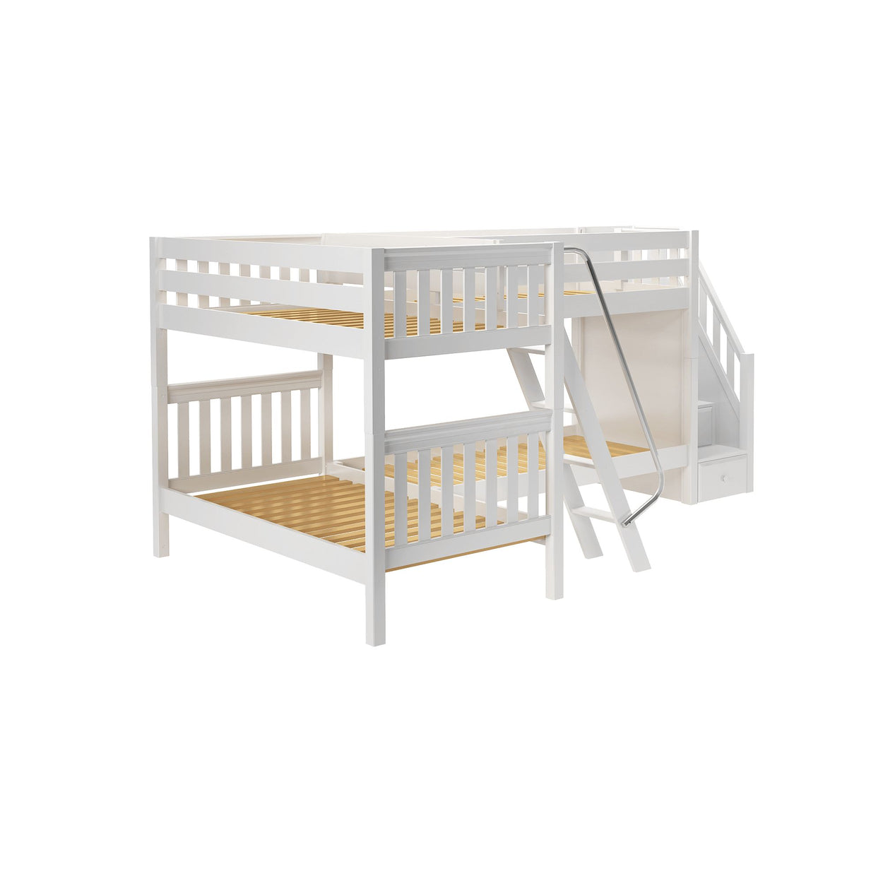 White wooden bunk bed with storage stairs and safety rails for kids' bedroom.