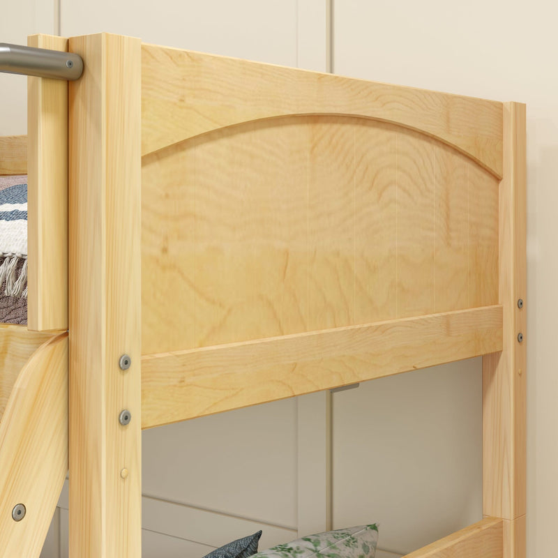 Close-up of a light natural solid wood bunk bed frame with curved guardrail, ladder posts, visible metal fasteners and beige wall