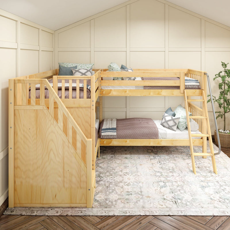 L-shaped natural wood bunk beds with stairs and ladder in a neutral kids' bedroom, cozy quilts, patterned pillows and board-and-batten wall