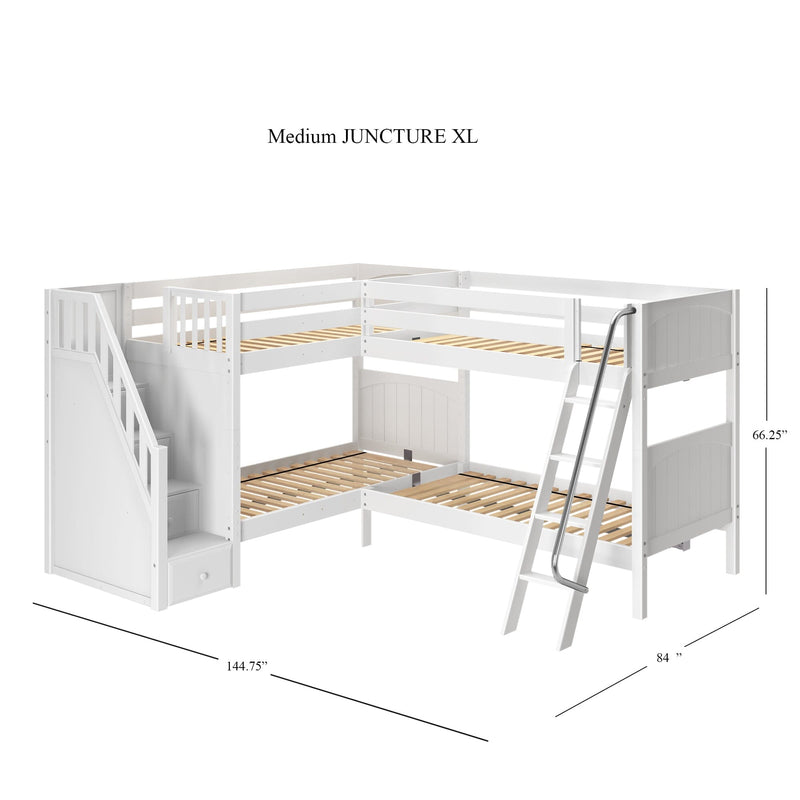 White wooden L-shaped triple bunk bed (Medium JUNCTURE XL) with staircase and metal ladder, slatted mattress supports, space-saving loft design, 144.75 x 84 x 66.25 inches