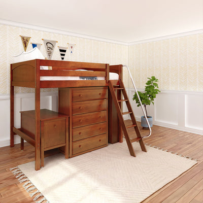 Wood loft bed with integrated storage drawers and ladder in a cozy kids' room.