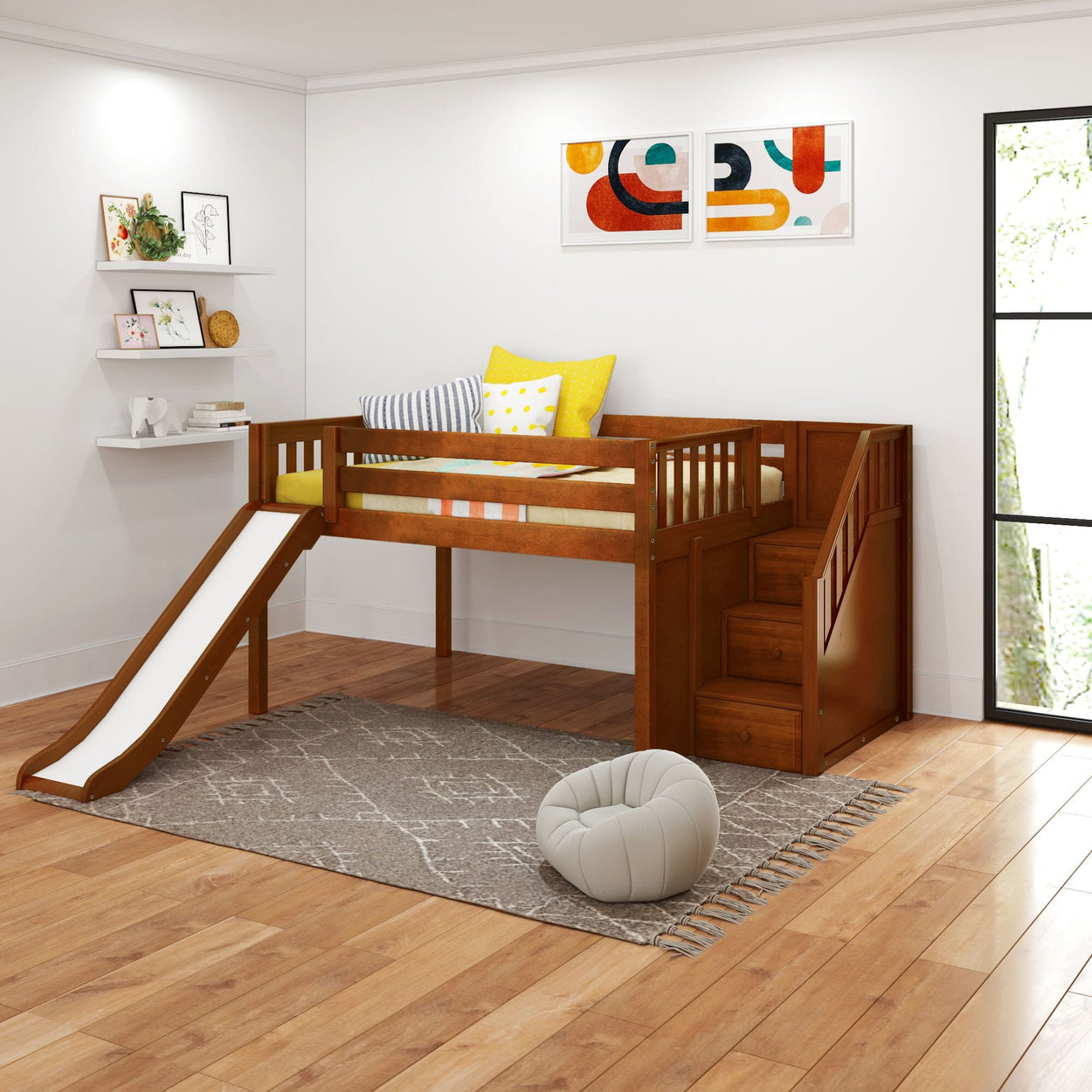 Wooden loft bed for kids with slide and stairs in modern bedroom setup.