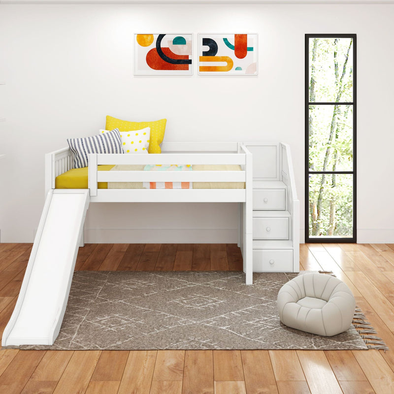 Modern white kids loft bed with slide and storage stairs, yellow and striped pillows, abstract wall art, tall window and wood flooring in a bright children's bedroom