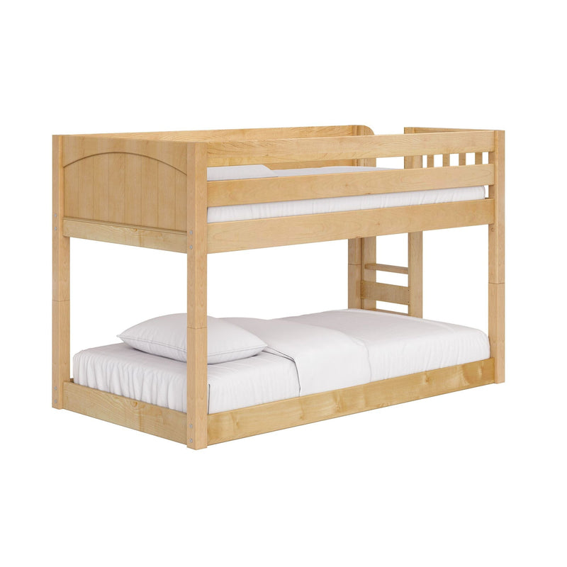 Twin-over-full solid maple bunk bed with ladder and safety guardrail, natural wood finish and white bedding on white background