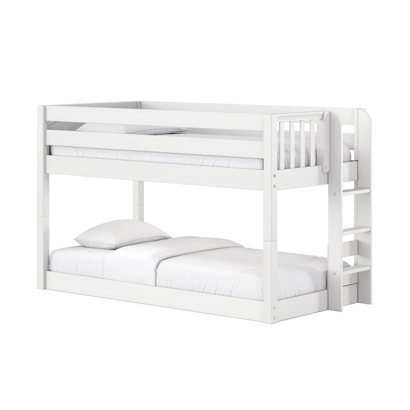 Modern white wooden bunk bed with integrated ladder, safety guardrails, and white bedding on top and bottom — minimalist children's bedroom furniture