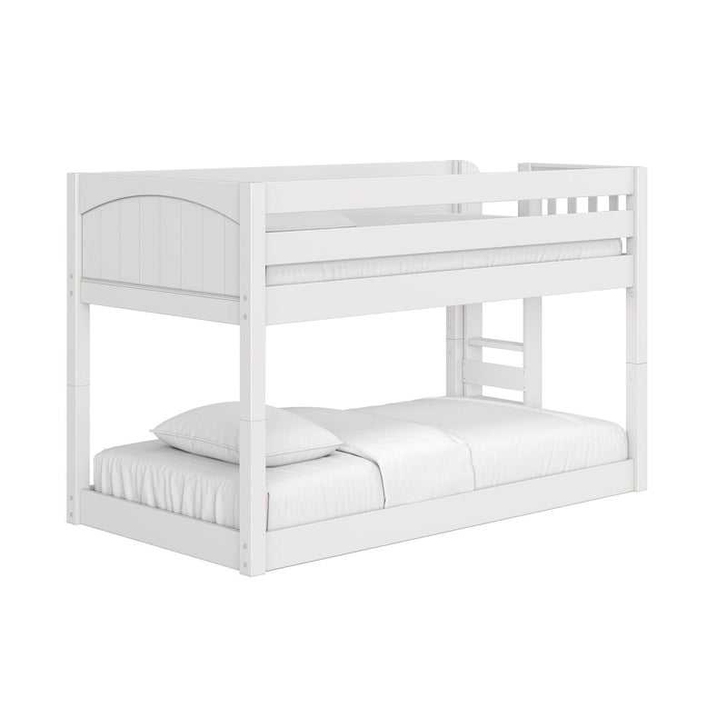 White wooden twin-over-full bunk bed with guardrails and ladder, modern kids loft bed with mattress and pillows — space-saving bedroom furniture