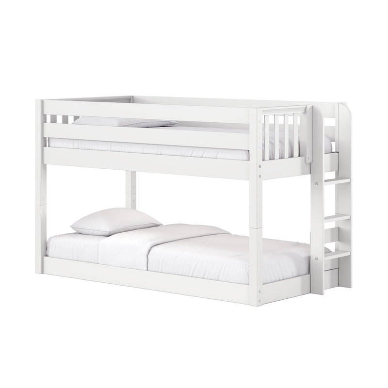White wooden twin-over-full bunk bed with ladder and safety guardrail, modern kids loft bed styled with white mattress and pillows