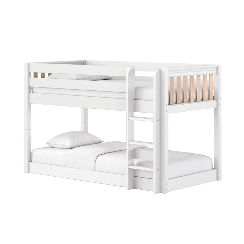 White solid wood twin-over-full bunk bed with ladder and safety rails, natural wood slat accents, modern kids bedroom furniture