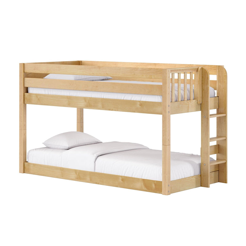 Natural wood twin-over-full bunk bed with integrated ladder, safety guardrail and white bedding for kids' bedrooms