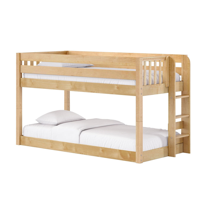 Solid natural wood bunk bed with side ladder and safety rails, light maple finish and white bedding, kids' bedroom furniture