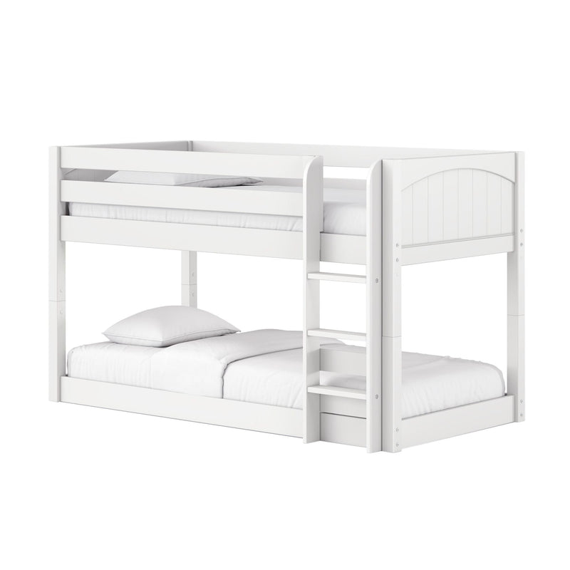 White wooden twin-over-full bunk bed with ladder, guardrails and arched panel headboard, white bedding — kids' loft bed