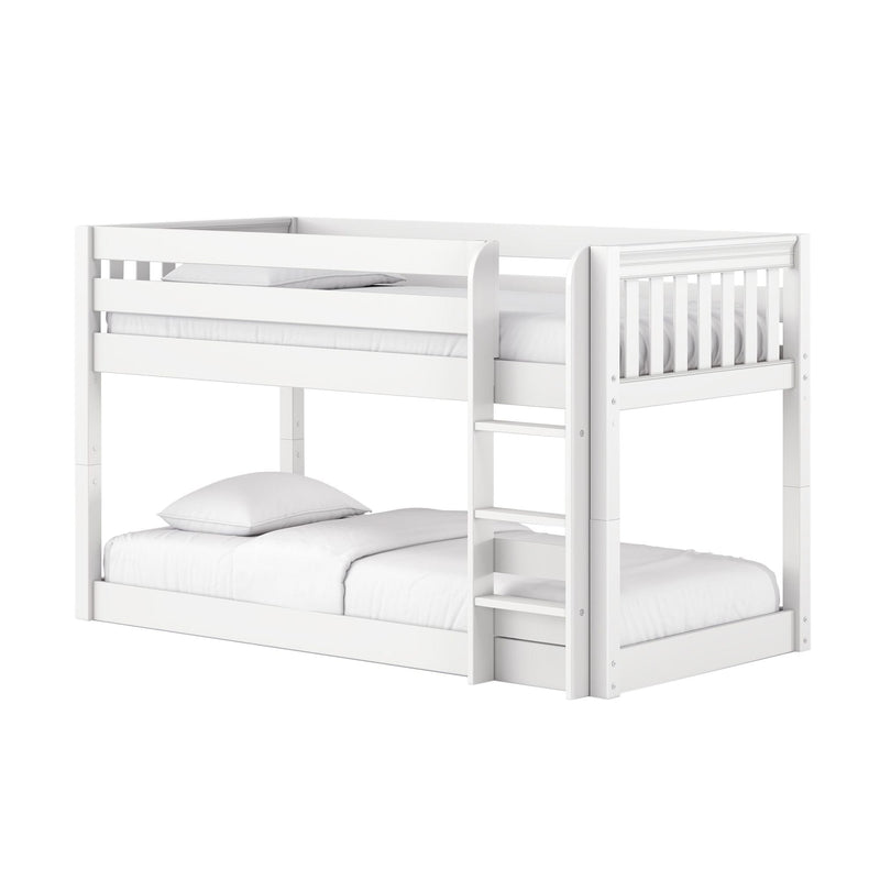 White wooden loft bunk bed with ladder and guardrails, twin-over-full space-saving kids bed with crisp white bedding and modern style