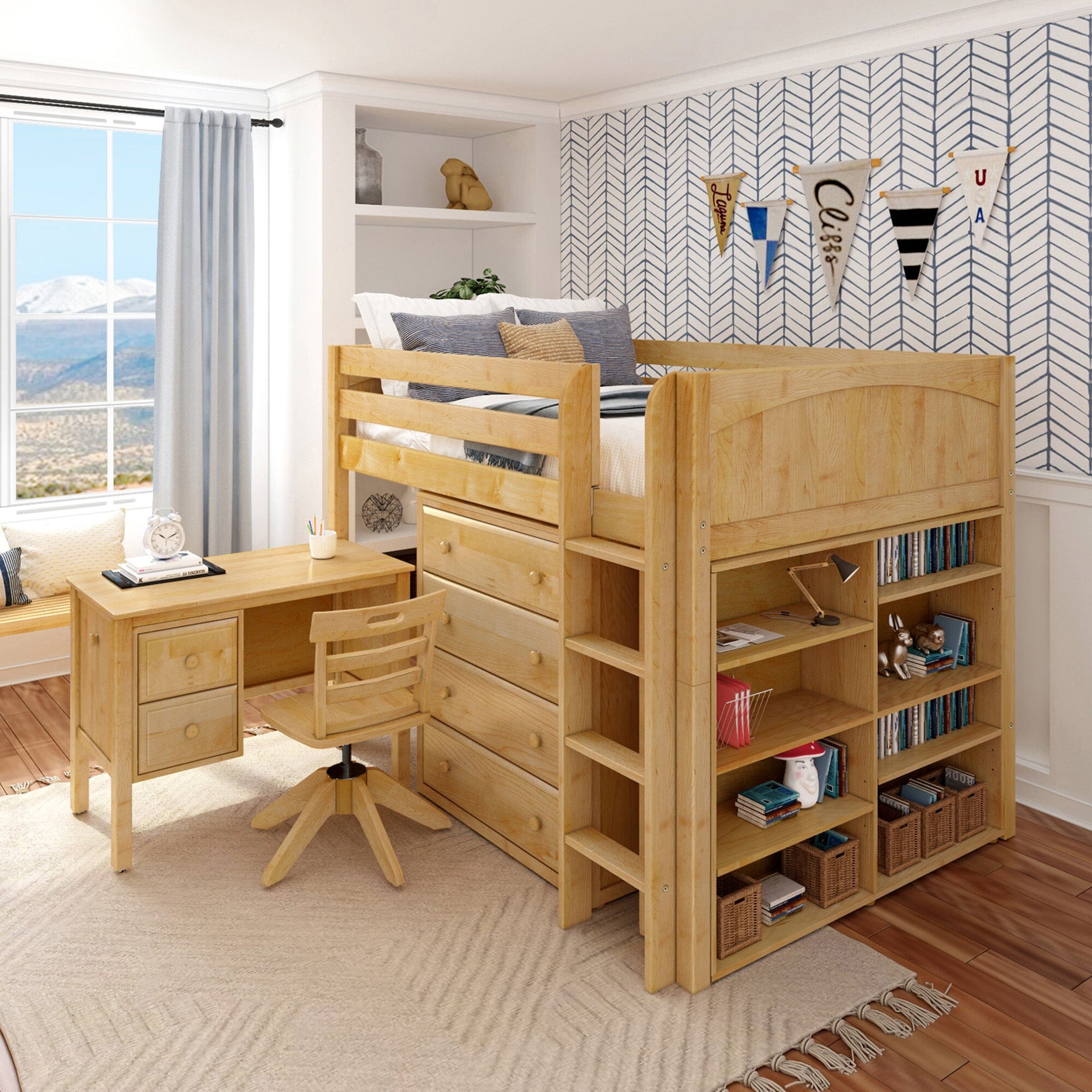 Children's wooden loft bed with slide and stairs in a modern bedroom setting.