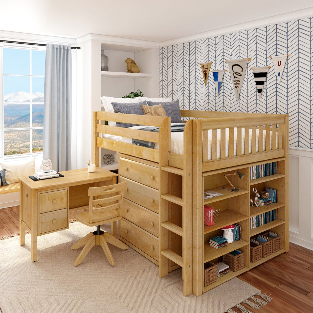 Wooden loft bed with integrated desk and storage in a modern kids' room.
