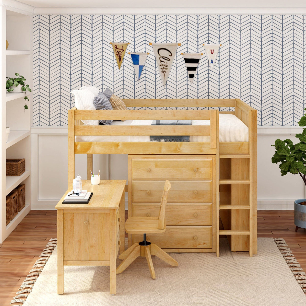 Wooden loft bed with integrated desk and storage drawers in a modern children's bedroom.