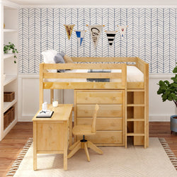 Wooden loft bed with integrated desk and storage drawers in a modern children's bedroom.