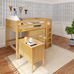 Loft bed with desk underneath, designed for small bedrooms, featuring natural wood finish and minimalist style.