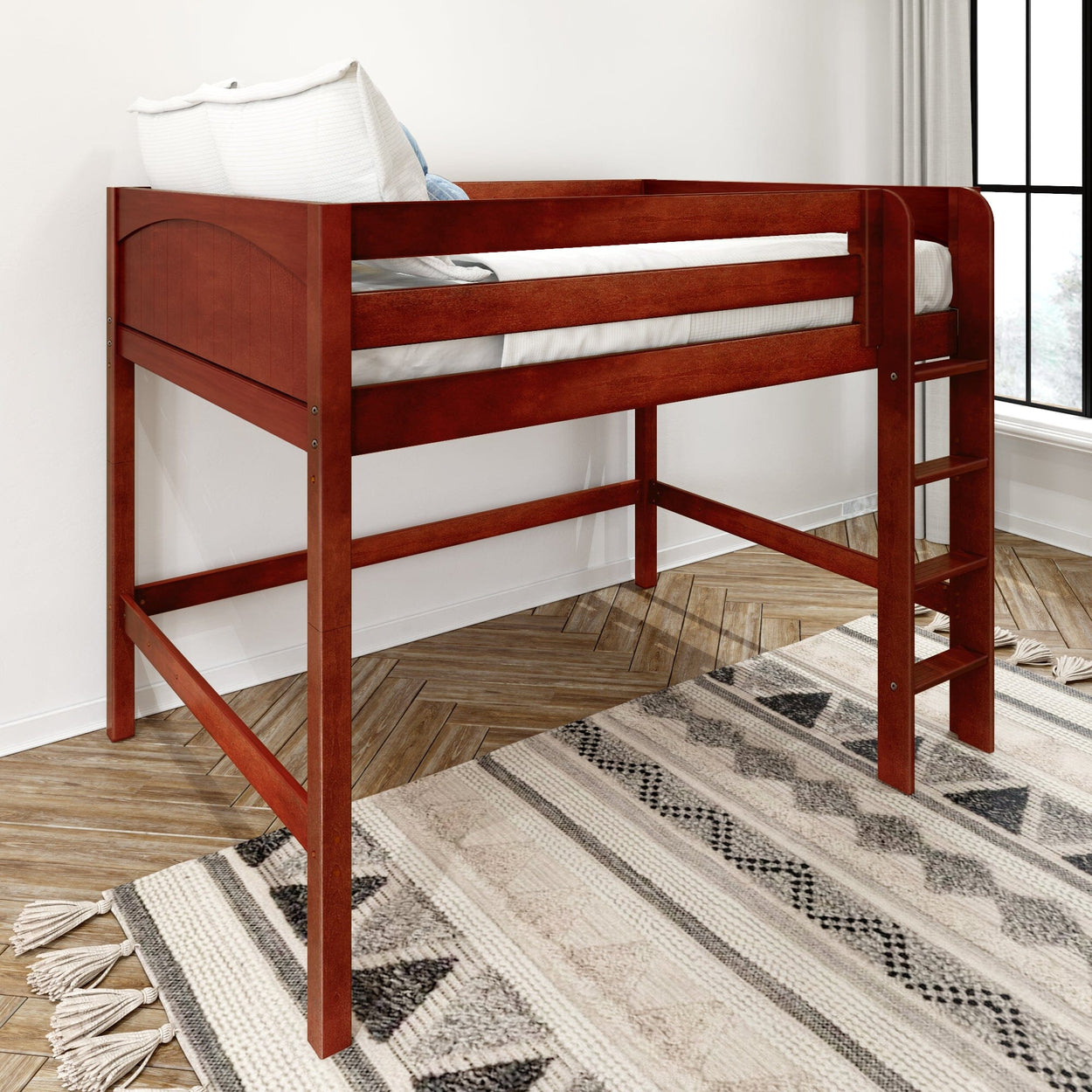 Cherry-finish wooden twin loft bed with ladder and guard rails, space-saving kids' bedroom furniture