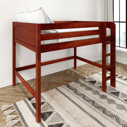 Cherry-finish wooden twin loft bed with ladder and guard rails, space-saving kids' bedroom furniture