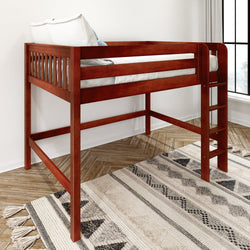Cherry-red wooden loft twin bed with ladder, space-saving elevated single bed in modern bedroom with white bedding, patterned area rug and herringbone wood floor