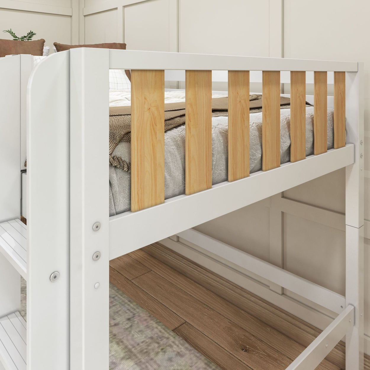 Modern white wooden loft bed with natural wood slats, beige bedding and hardwood floor in minimalist bedroom