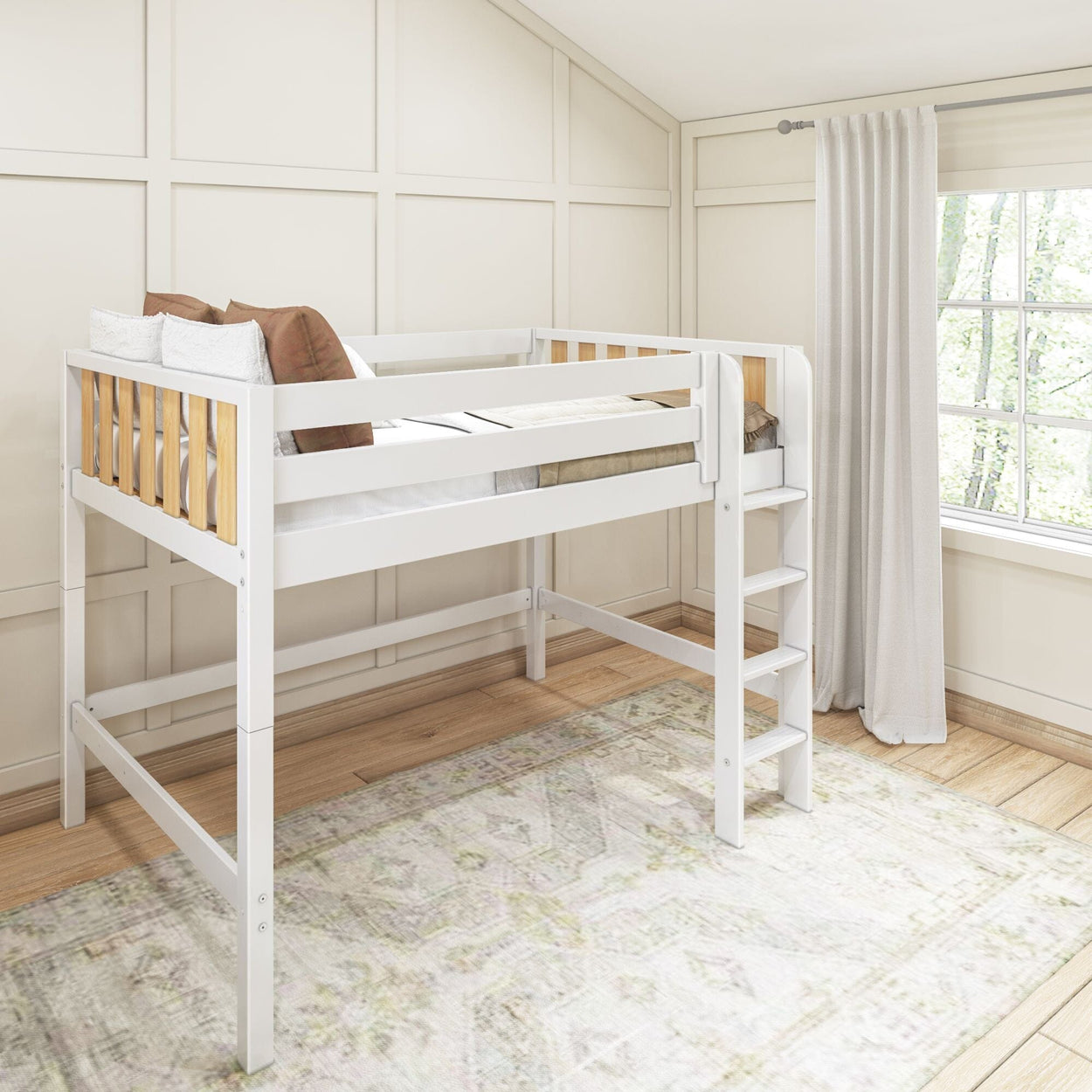 White wooden twin loft bed with built-in ladder and natural wood slat accents in bright modern kids' bedroom, space-saving design