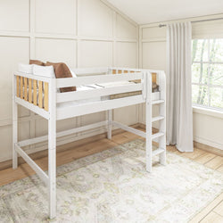 White wooden twin loft bed with built-in ladder and natural wood slat accents in bright modern kids' bedroom, space-saving design