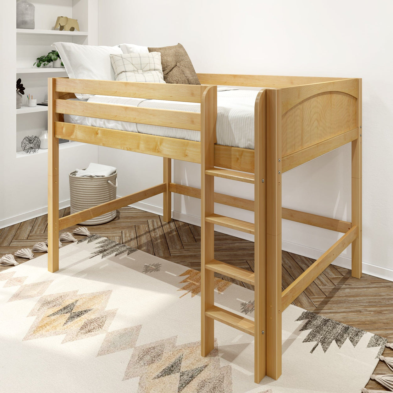 Natural wood twin loft bed with ladder in modern kids' bedroom — space-saving elevated bed for small rooms