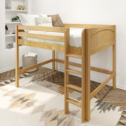 Natural wood twin loft bed with ladder in modern kids' bedroom — space-saving elevated bed for small rooms