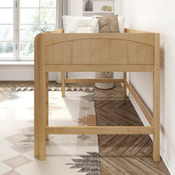 Light natural wood single loft bed with guardrails and neutral pillows in a bright modern kids' bedroom with herringbone hardwood floor and geometric area rug