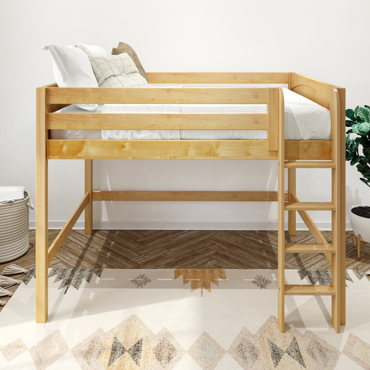 Natural wood twin loft bed with ladder, white bedding and patterned rug in modern minimalist kids' bedroom — space-saving design